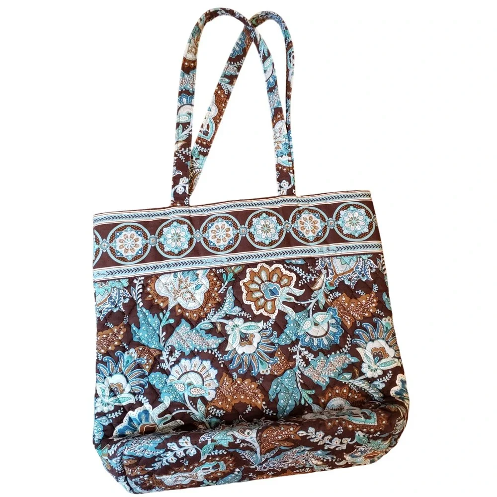 Vera Bradley Quilted‎ Tote Bag Brown Blue Floral Print Button Closure